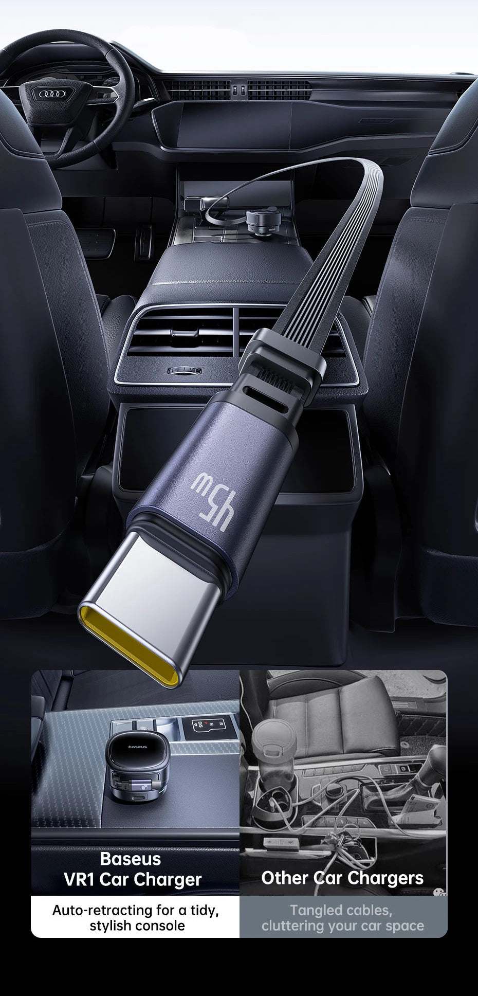 60W Retractable Fast Car Charger with 3 Ports - 12