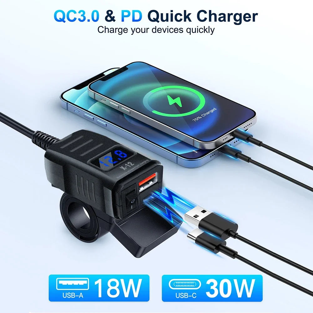Motorcycle Handlebar USB Type C Charger with Voltmeter and Power Switch