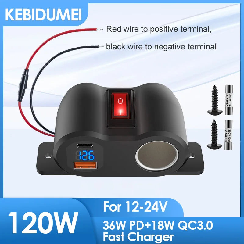 12V 24V Dual USB Fast Charger and Cigarette Lighter Socket Panel