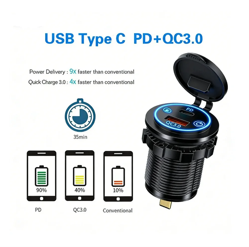 Dual USB Type C Quick Charger Socket PD30W QC3.0 for 12V 24V Vehicles