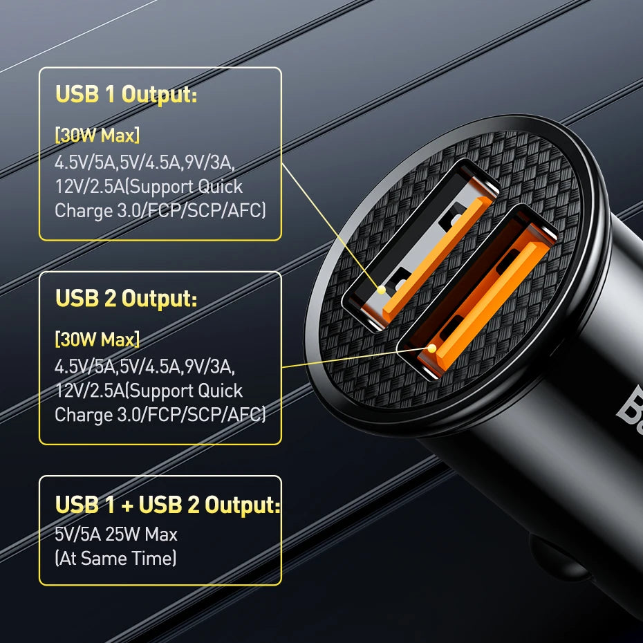 30W Dual Port Fast Car Charger USB and Type-C