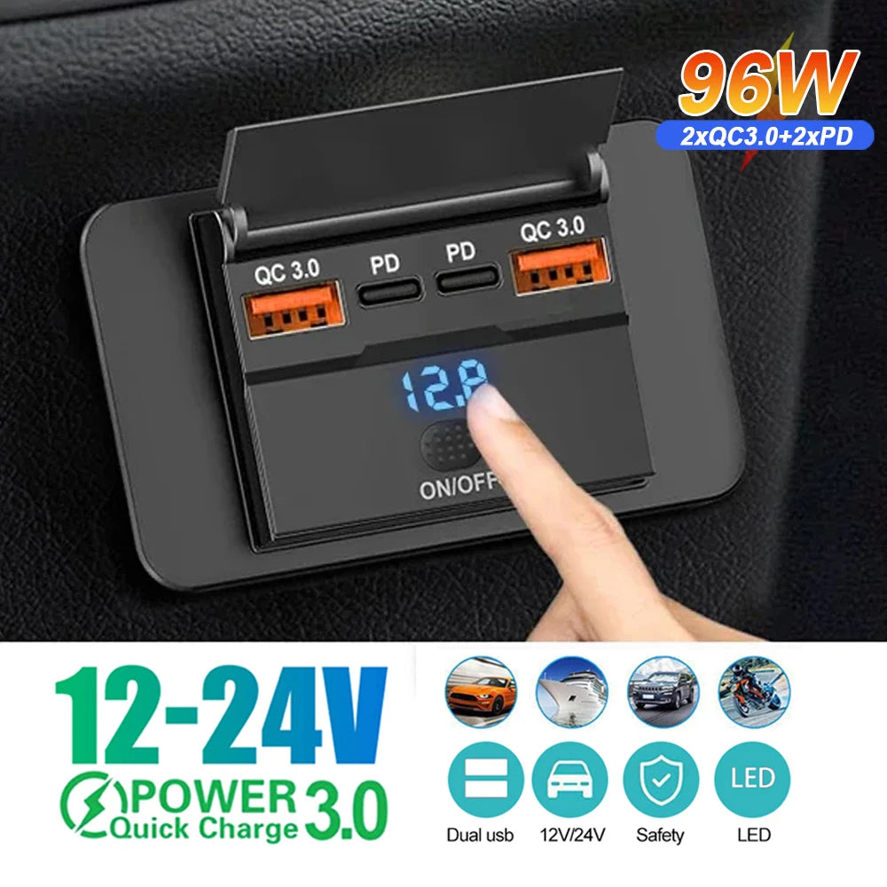3 or 4 Port USB PD and QC3.0 Fast Charging Socket with LED Display