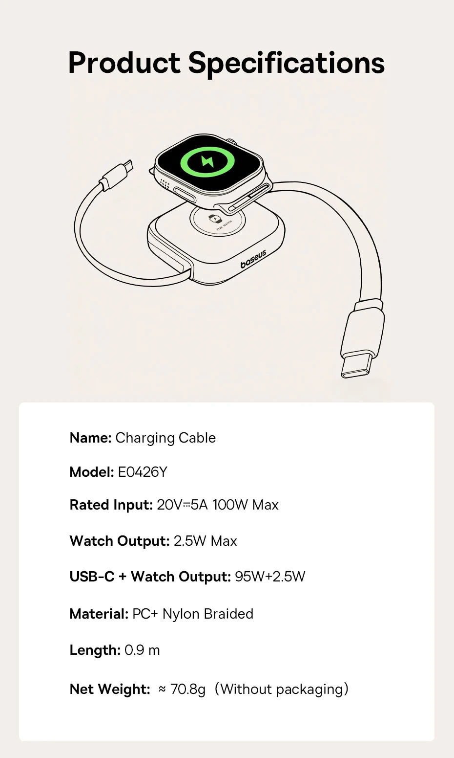 100W Retractable Fast Charging Cable with Watch Wireless Charger