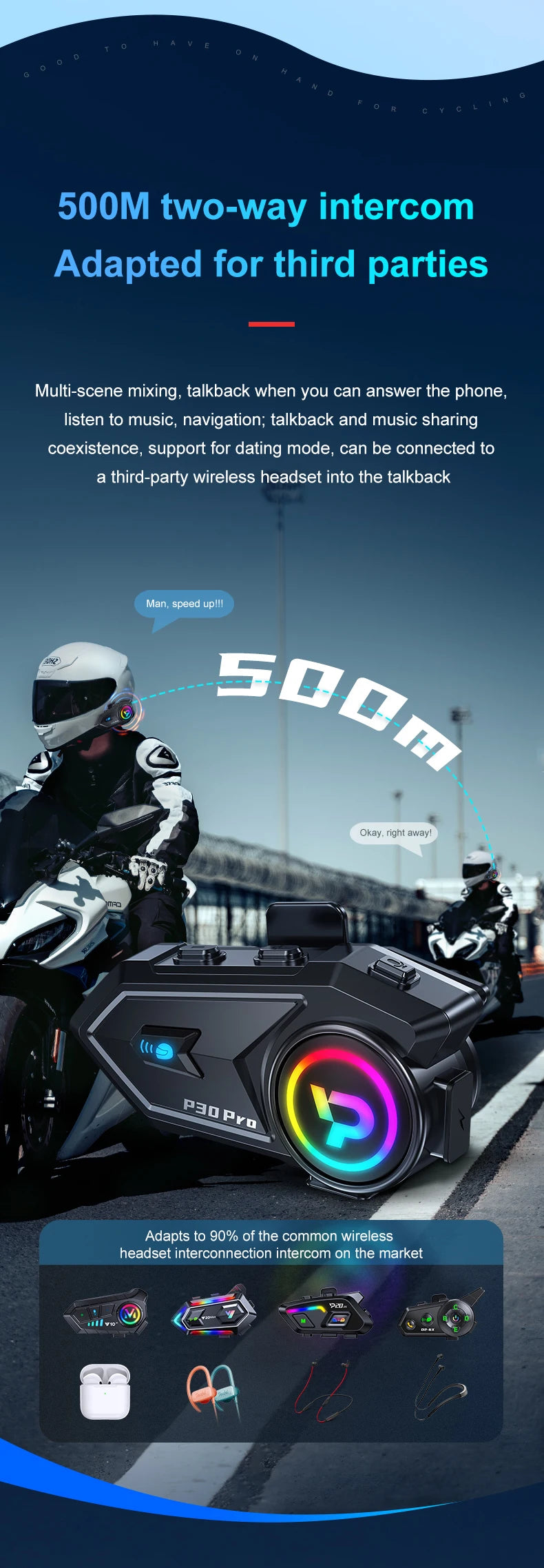 Bluetooth 6.0 Motorcycle Helmet Intercom Headset with FM Radio 500m