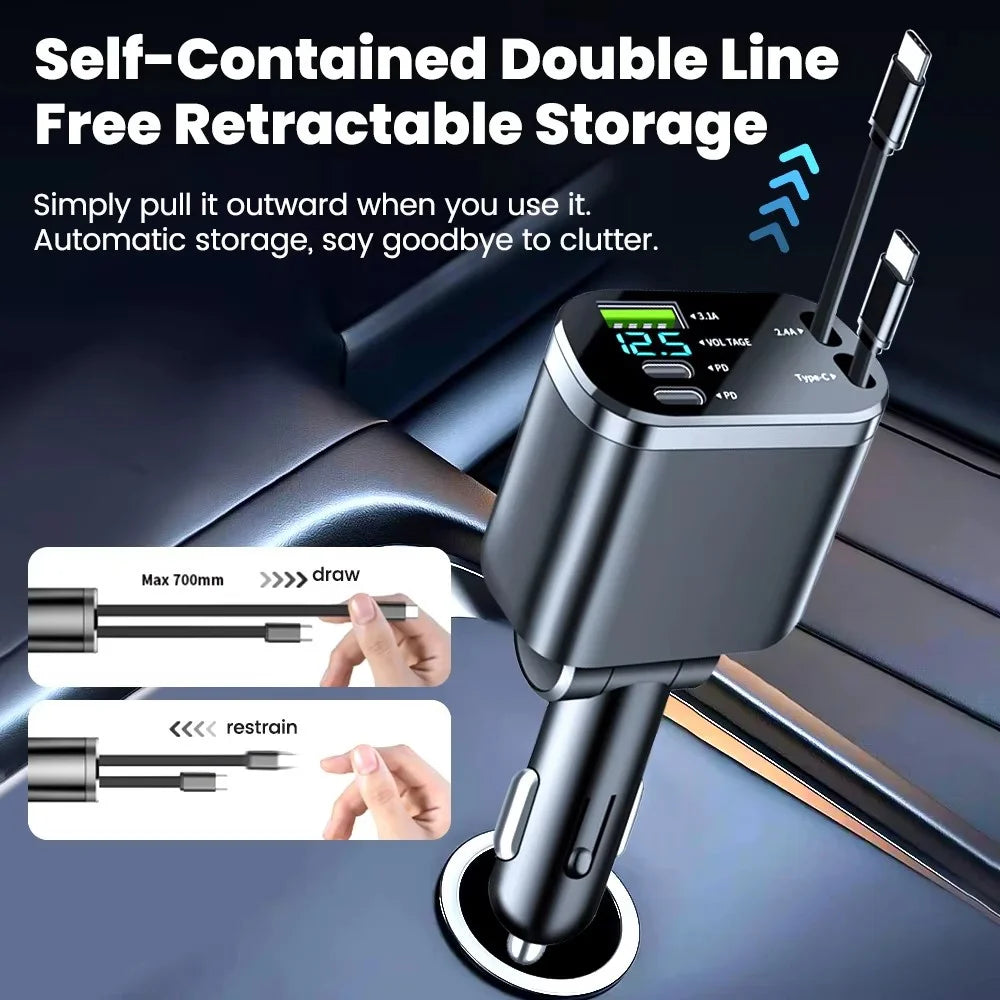148W 7 in 1 Retractable Car Charger with Voltage Display and Starry Lamp