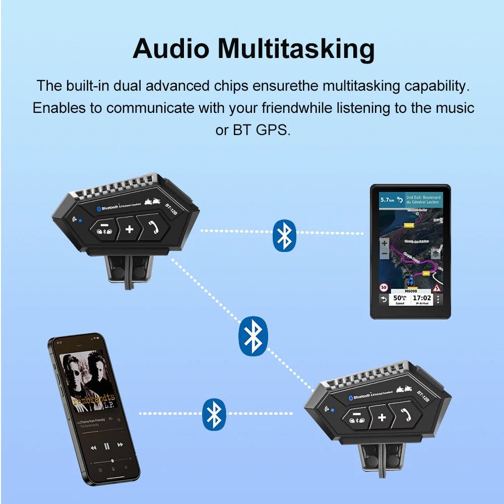 BT-12B Bluetooth 5.0 Motorcycle Helmet Intercom Headset 300M Range