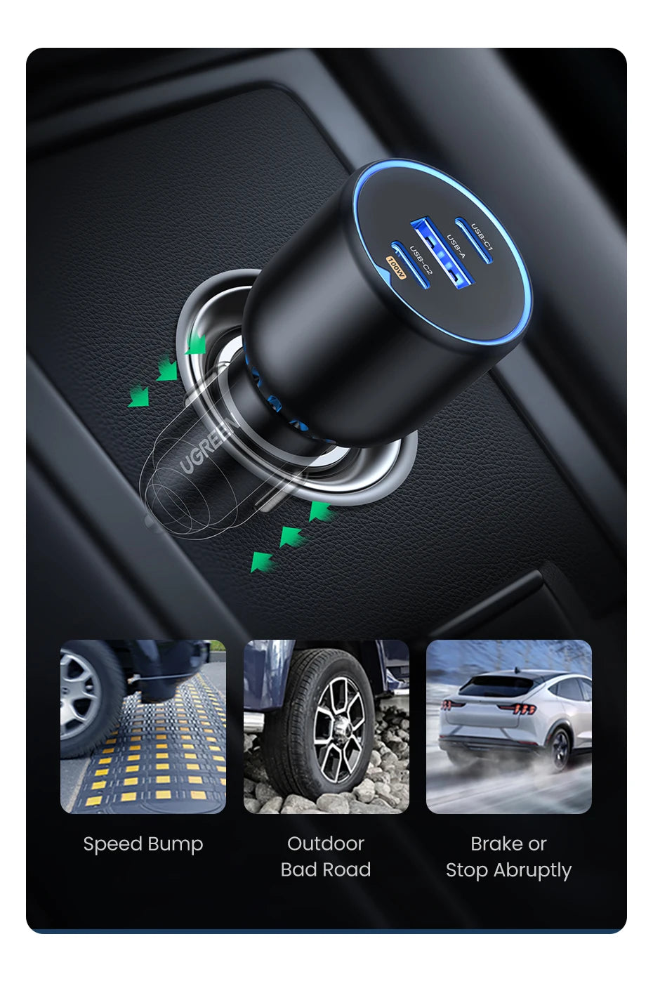 130W 3-Port Fast Car Charger for Laptops and Smartphones
