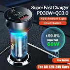 60W Dual Port USB Car Charger with PD QC3.0 Voltmeter and Ambient Light