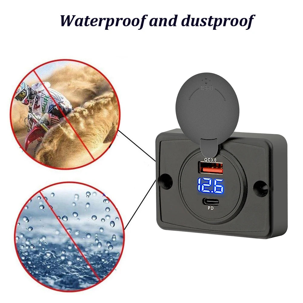 12V 24V Dual USB PD and QC3.0 Fast Charger Socket with LED Voltmeter