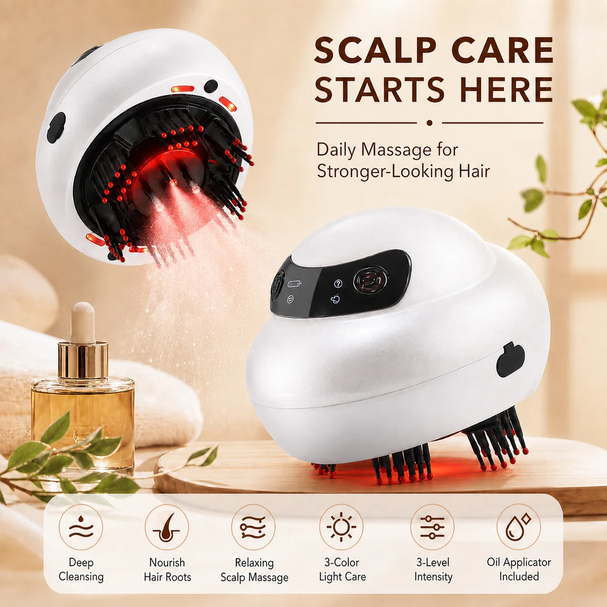 Electric Scalp Massager with Light Therapy and Oil Applicator