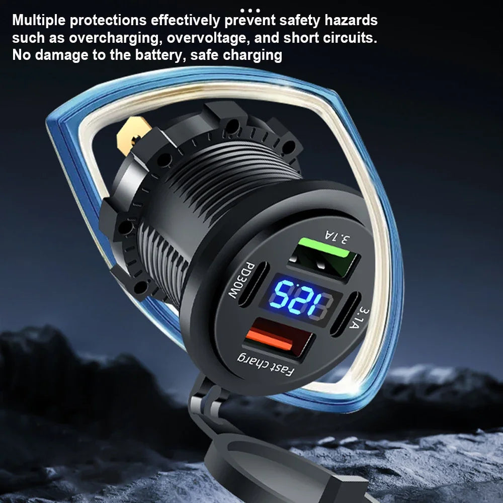 83W 4-Port Fast USB Car Charger Socket with Voltage Display