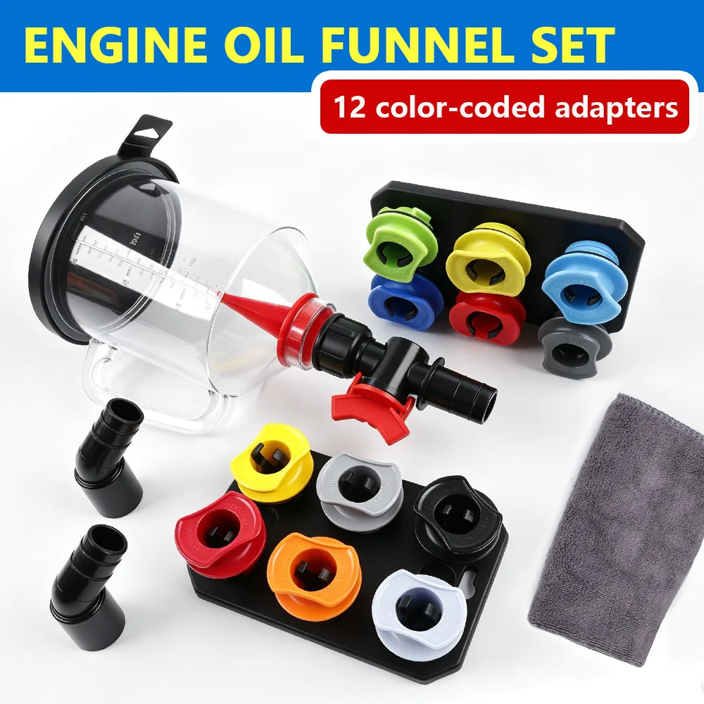 Universal Engine Oil Funnel Kit with 12 Adapters