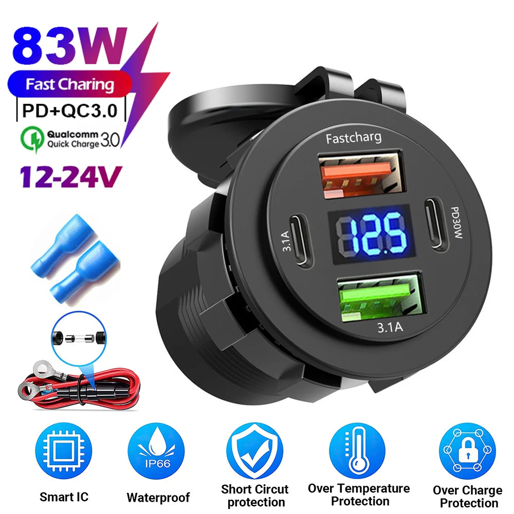 83W 4 Port USB and USB-C Fast Car Charger Socket for 12V 24V Vehicles
