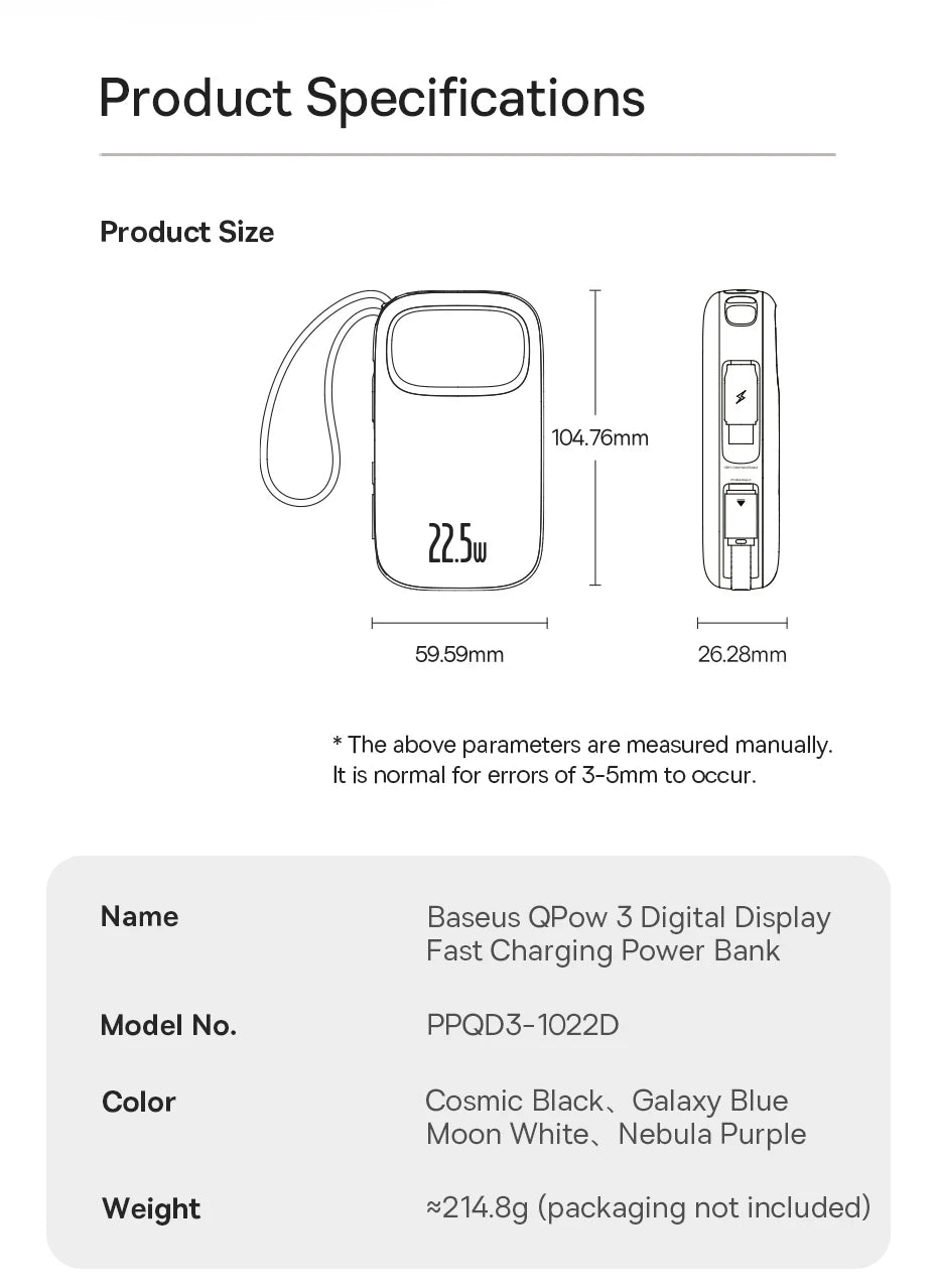 22.5W Fast Charging Power Bank with Built-in Cables