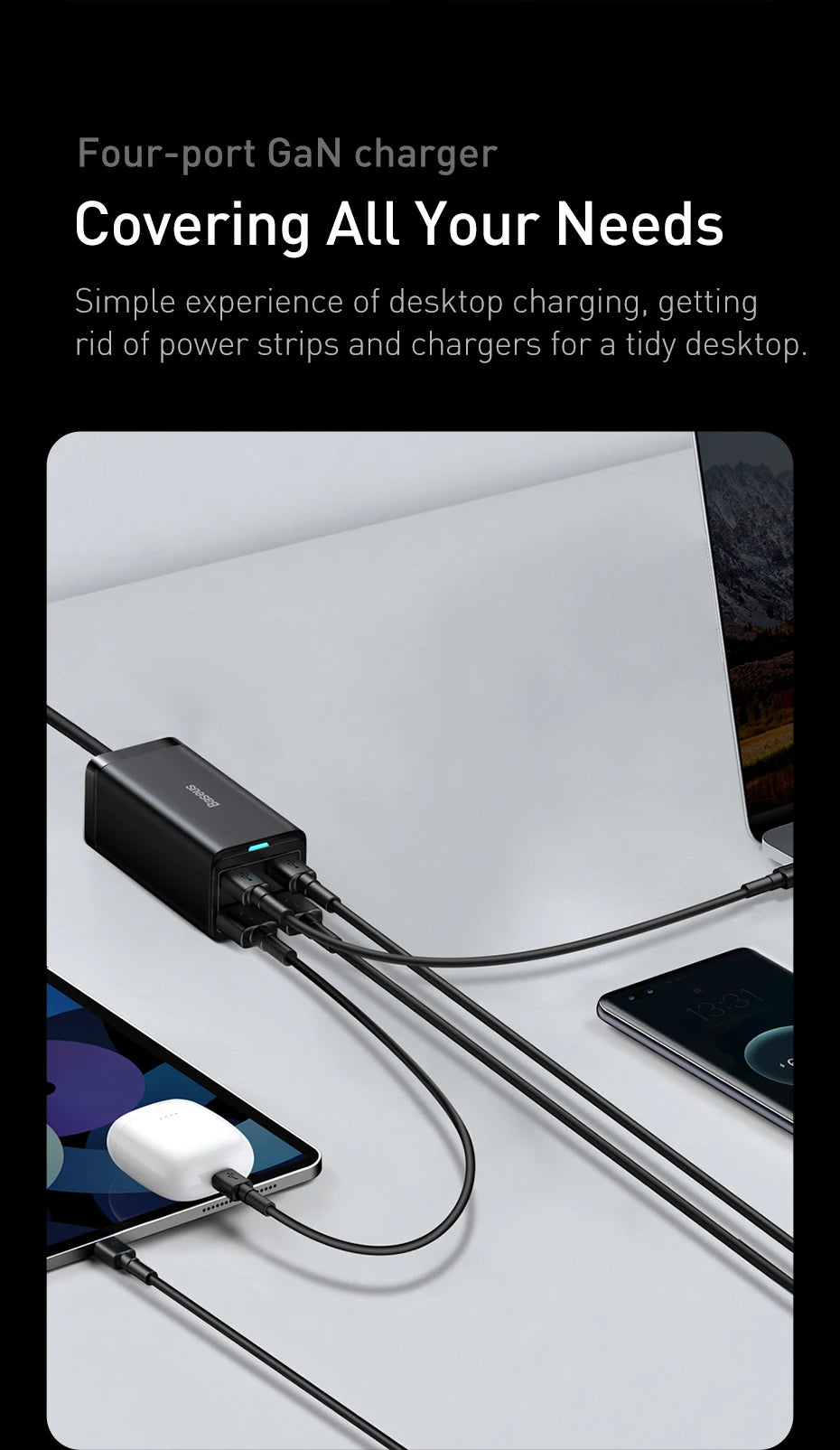 4-Port GaN Desktop Fast Charger for Laptops and Phones