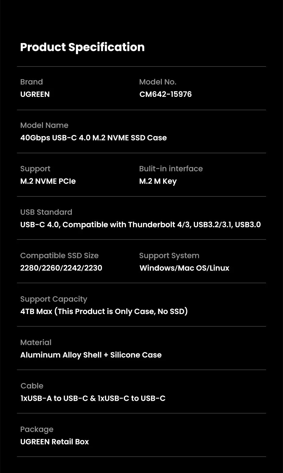 40Gbps USB4 NVMe M.2 SSD Enclosure with Aluminum Cooling Case