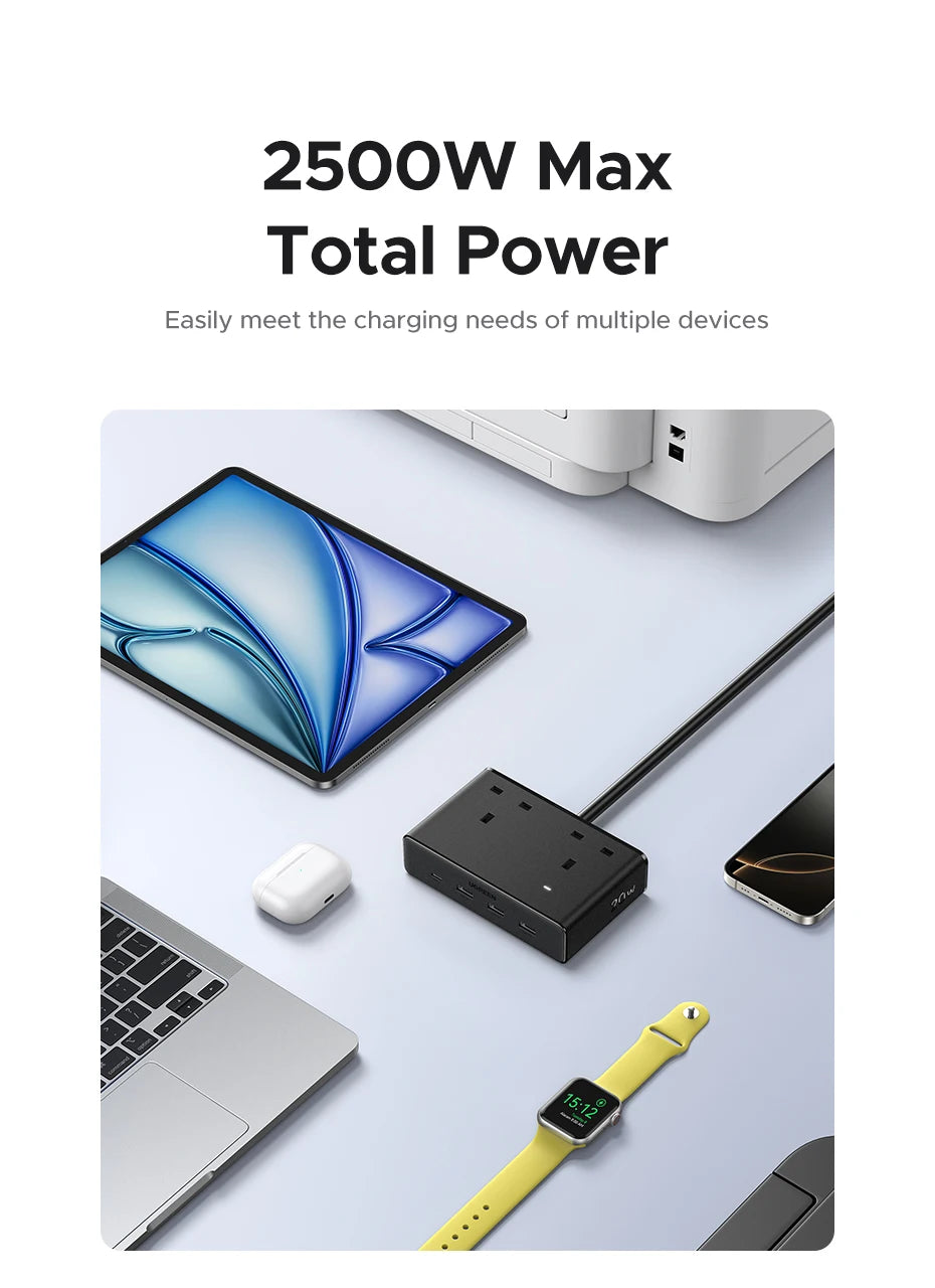 6-in-1 UK Plug Power Strip with 20W USB-C Fast Charging - 10