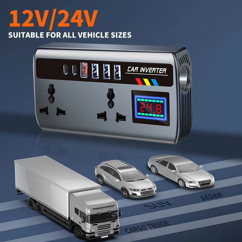 200W 12V/24V to 220V Car Power Inverter with 9 Charging Ports