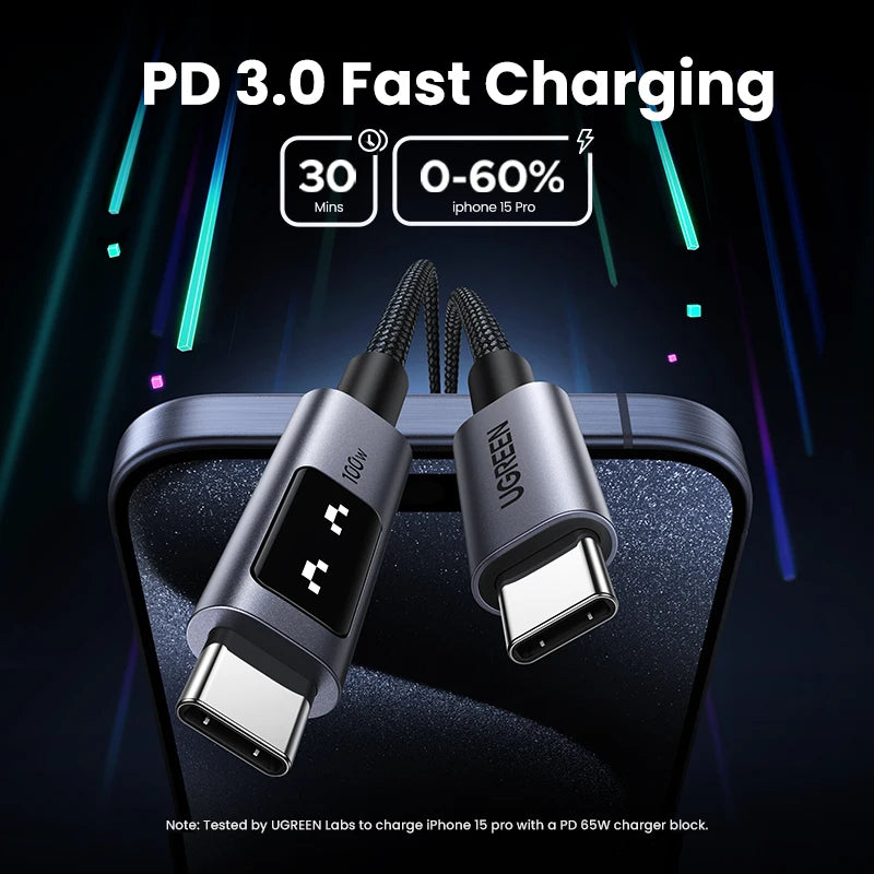 100W USB-C Fast Charging Cable with LED Status Display - 3