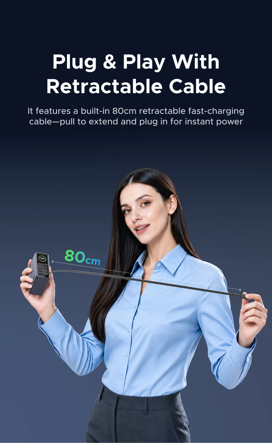 160W GaN Fast Charger with Smart Display and Retractable Cable