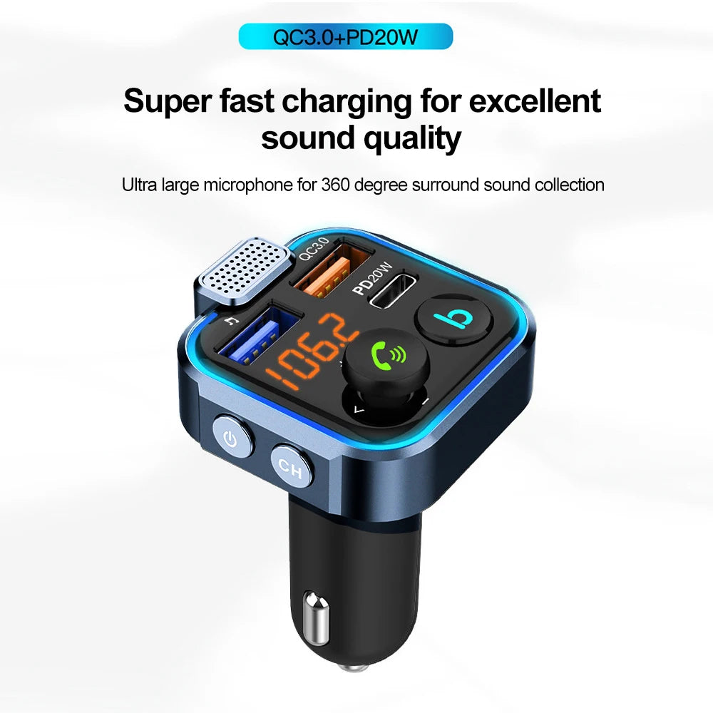 Bluetooth 5.0 FM Transmitter Car Adapter with 38W PD and QC3.0 Charger