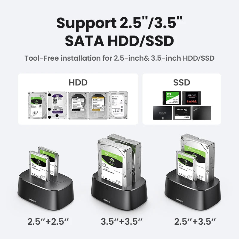 Dual-Bay Hard Drive Docking Station for 2.5/3.5 Inch SATA HDD SSD - 5