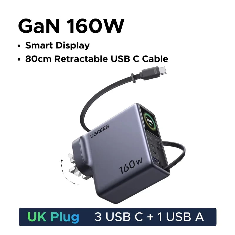 160W GaN Fast Charger with Smart Display and Retractable Cable - 29