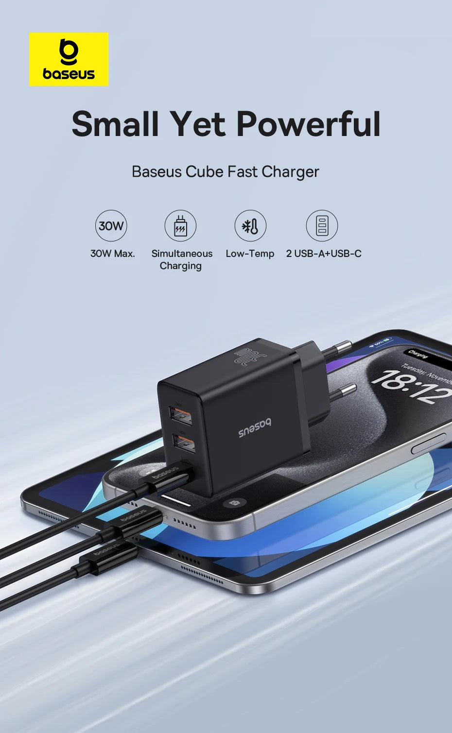 30W Fast USB Wall Charger with Type-C and Dual USB Ports