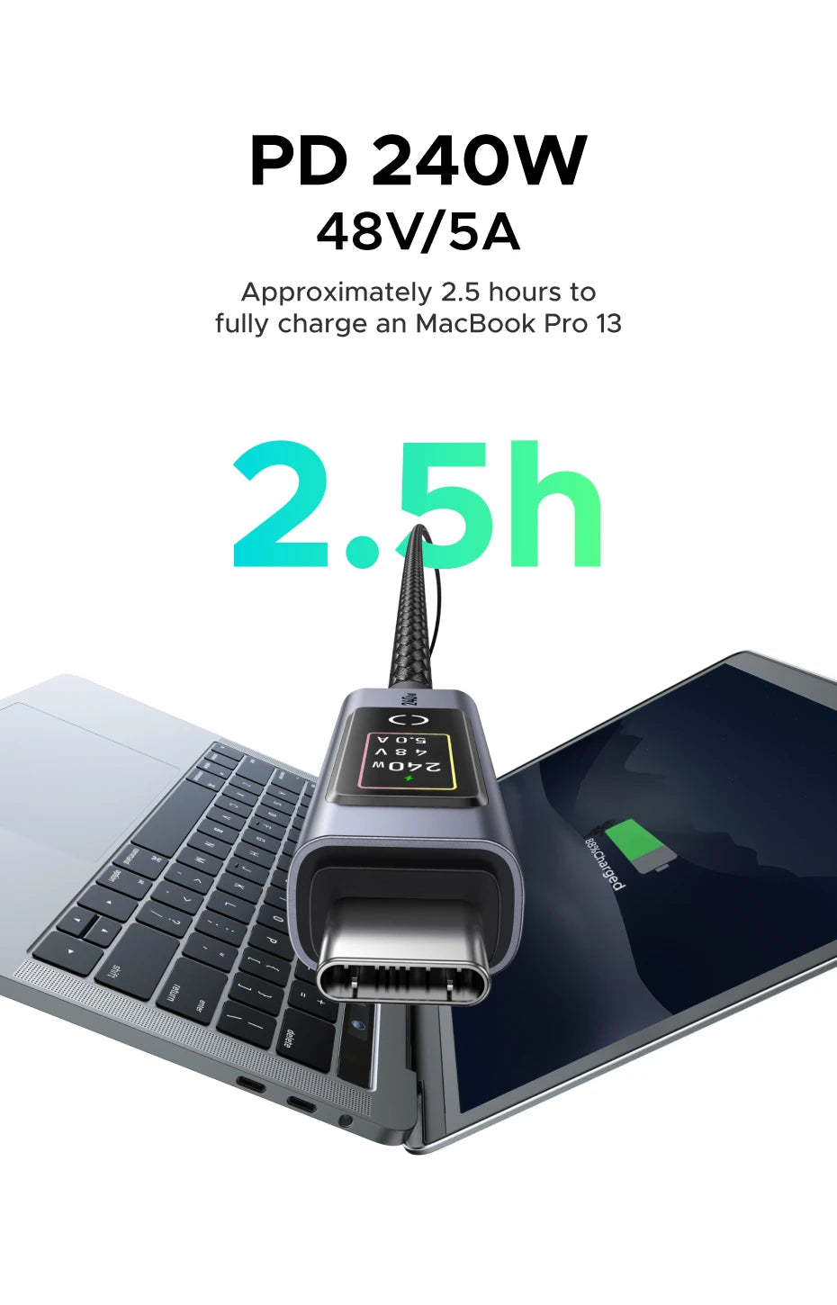 240W USB-C Fast Charging Cable with Real-Time Digital Display