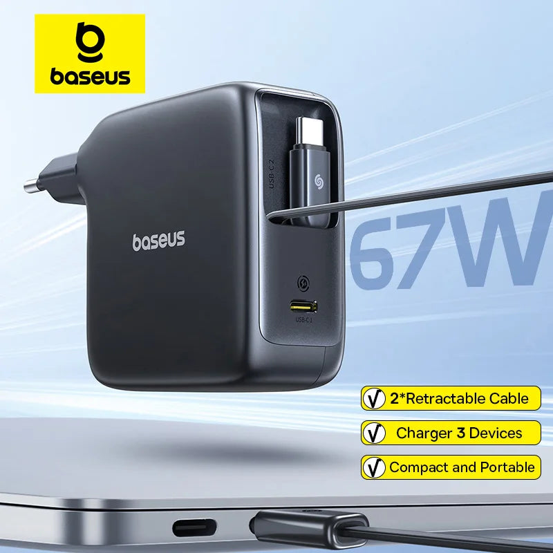67W GaN Fast Charger with Built-in Retractable Cables - 1