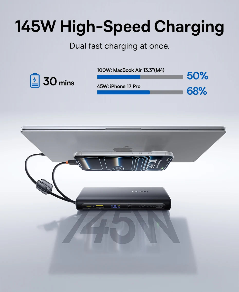 145W Fast Charging Power Bank with Built-In Cables 25000mAh