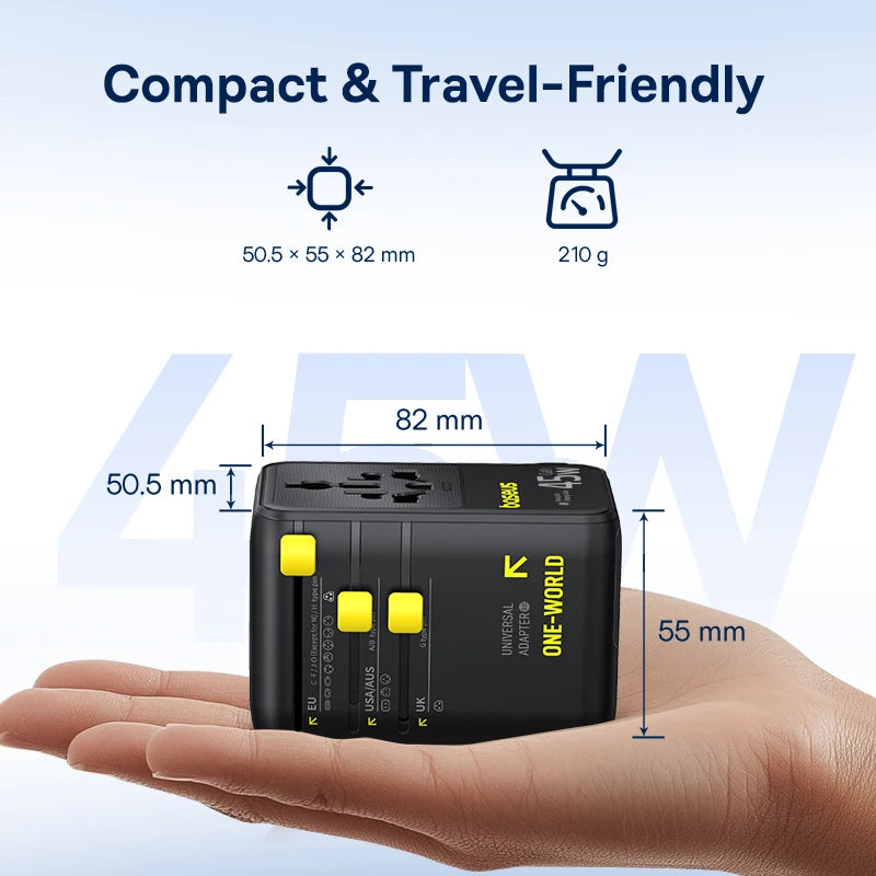 6-in-1 Universal Travel Adapter with 45W Fast Charging and Cable