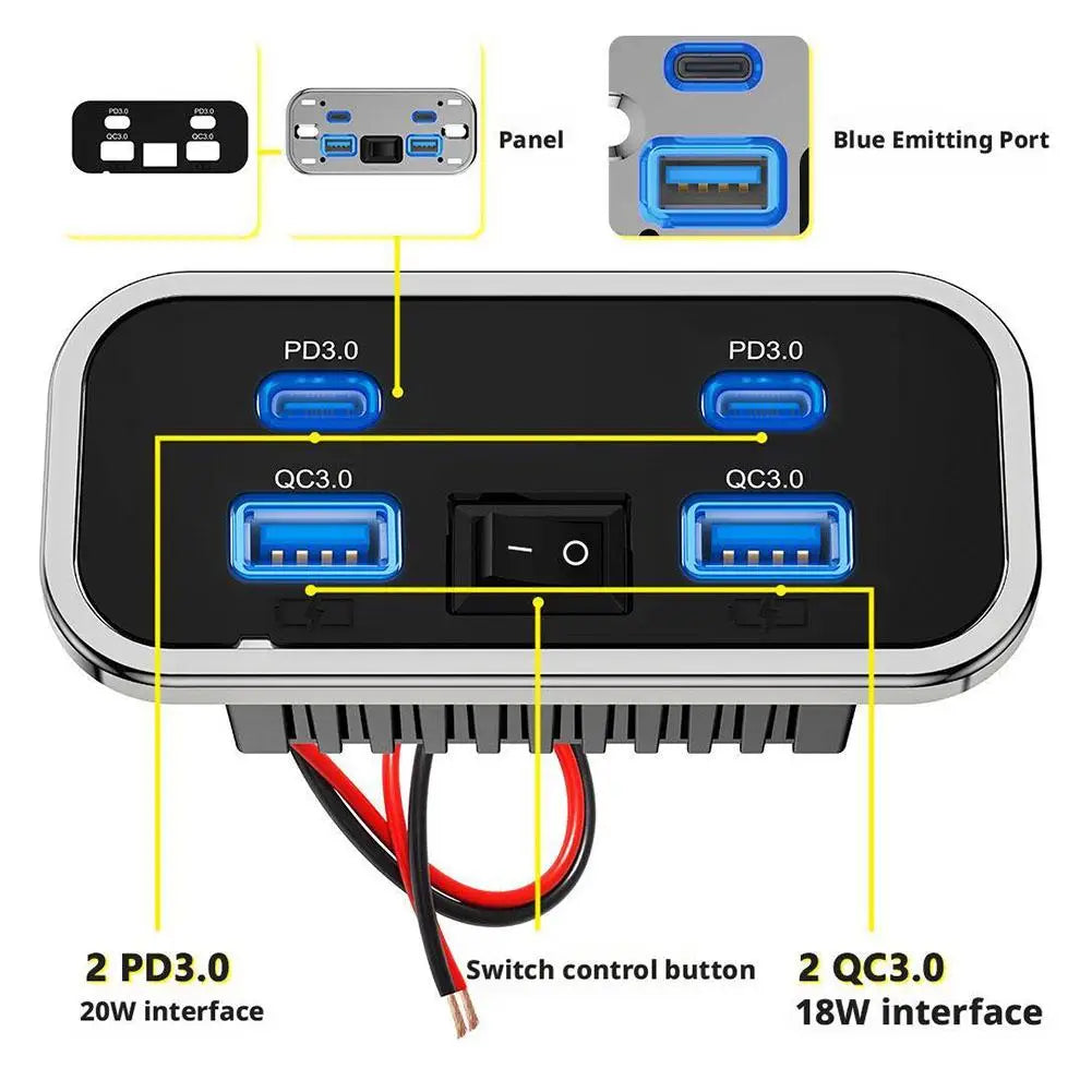 4 Port USB Car Charger with QC3.0 and PD3.0 Fast Charging Socket