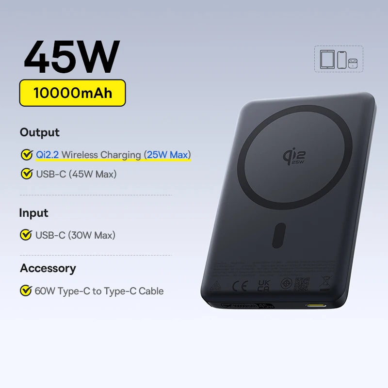 10000mAh Magnetic Wireless Power Bank with Qi2 Fast Charging