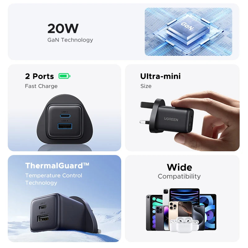 20W GaN Dual-Port USB-C and USB-A Fast Wall Charger