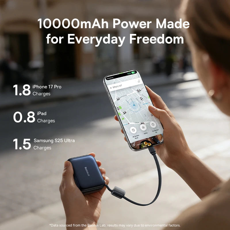 45W Mini Portable Power Bank with Built-in USB-C Cable 10000mAh