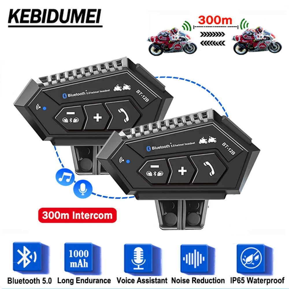 BT-12B Bluetooth 5.0 Motorcycle Helmet Intercom Headset 300M Range
