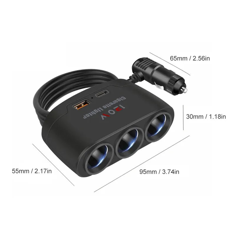 120W 3-Way Car Cigarette Lighter Splitter with USB Fast Charging - 6