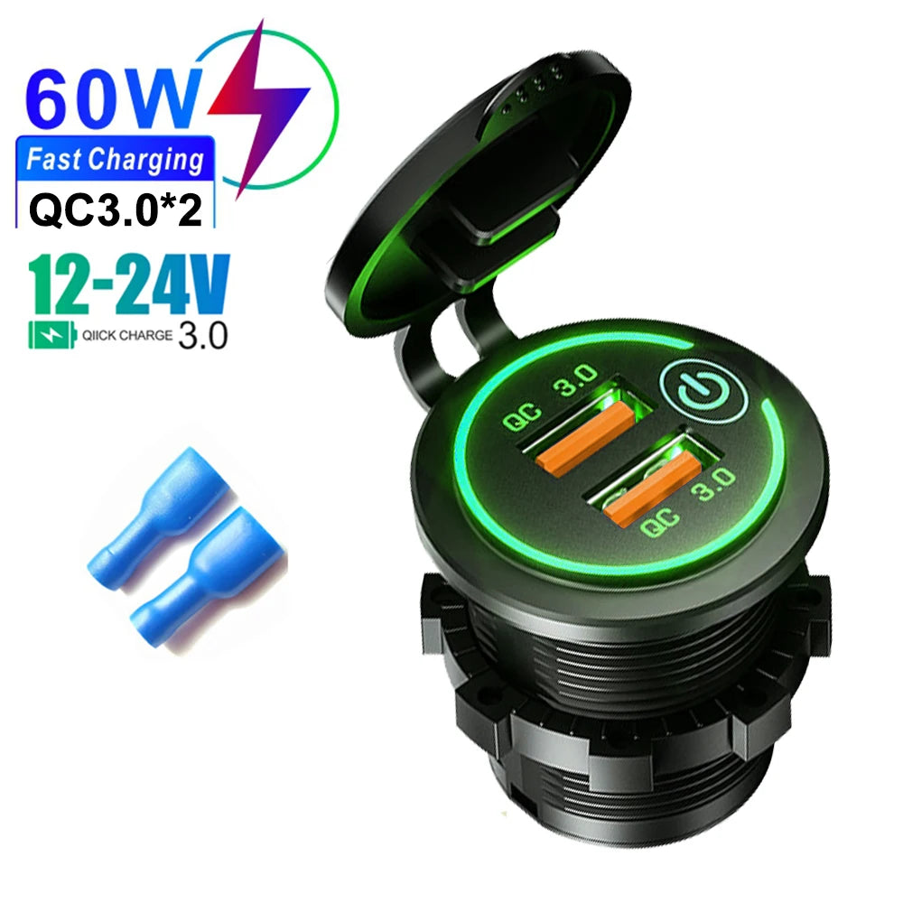 Dual QC 3.0 USB Fast Car Charger Socket 12V/24V Waterproof Outlet - 15