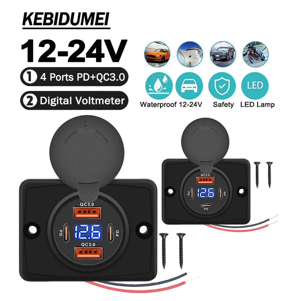12V 24V Dual USB PD and QC3.0 Fast Charger Socket with LED Voltmeter