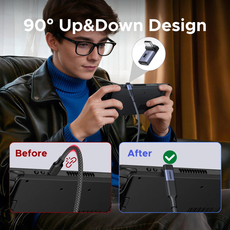 90-Degree USB-C to USB-C 240W Fast Charging and 40Gbps Data Adapter