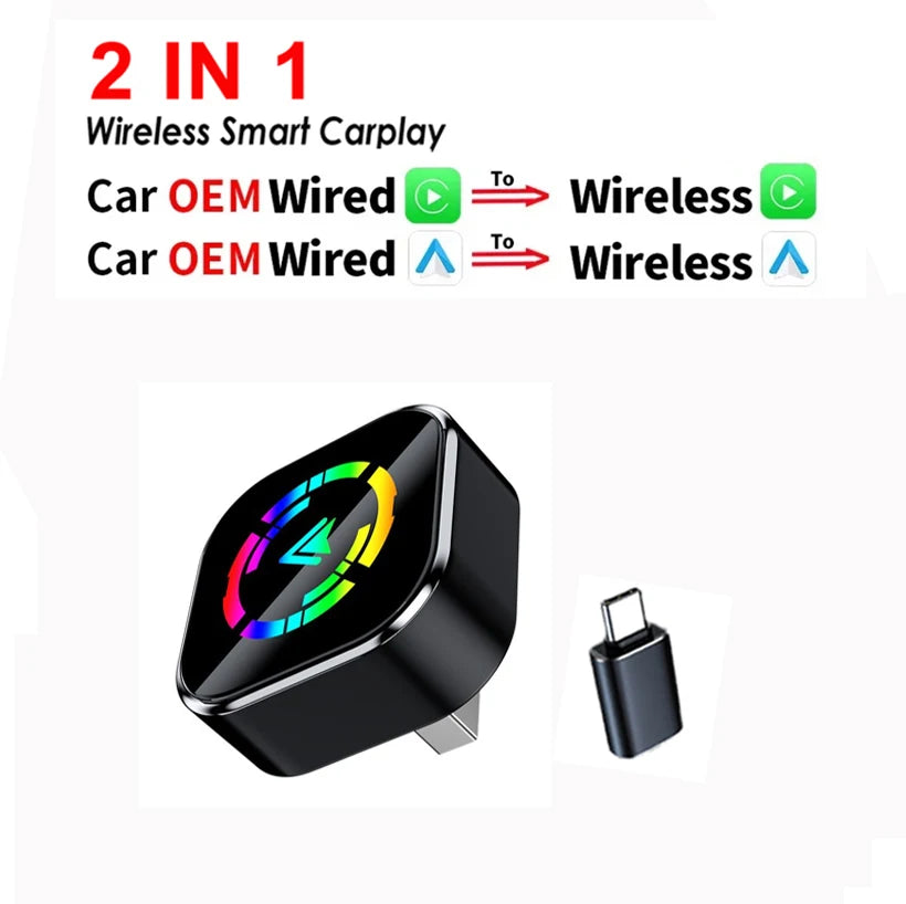 Wireless CarPlay and Android Auto 2-in-1 Adapter for Wired Car Systems