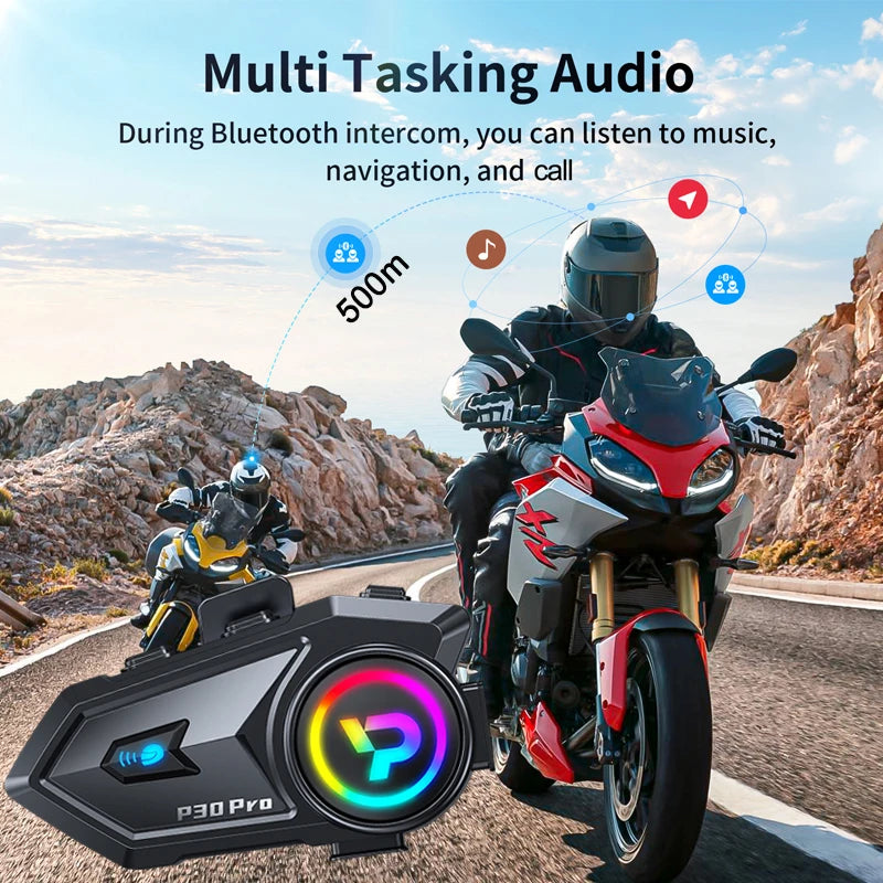 Bluetooth 6.0 Motorcycle Helmet Intercom Headset with FM Radio 500m