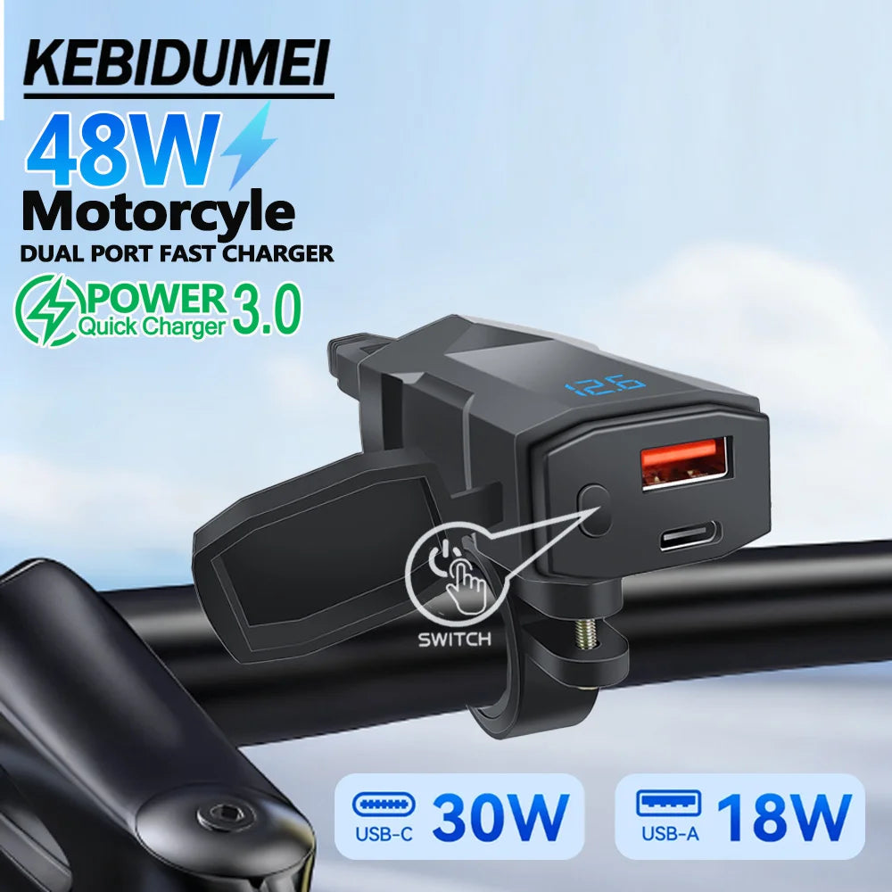 48W Dual USB-C & USB-A Motorcycle Phone Charger with Voltmeter - 7