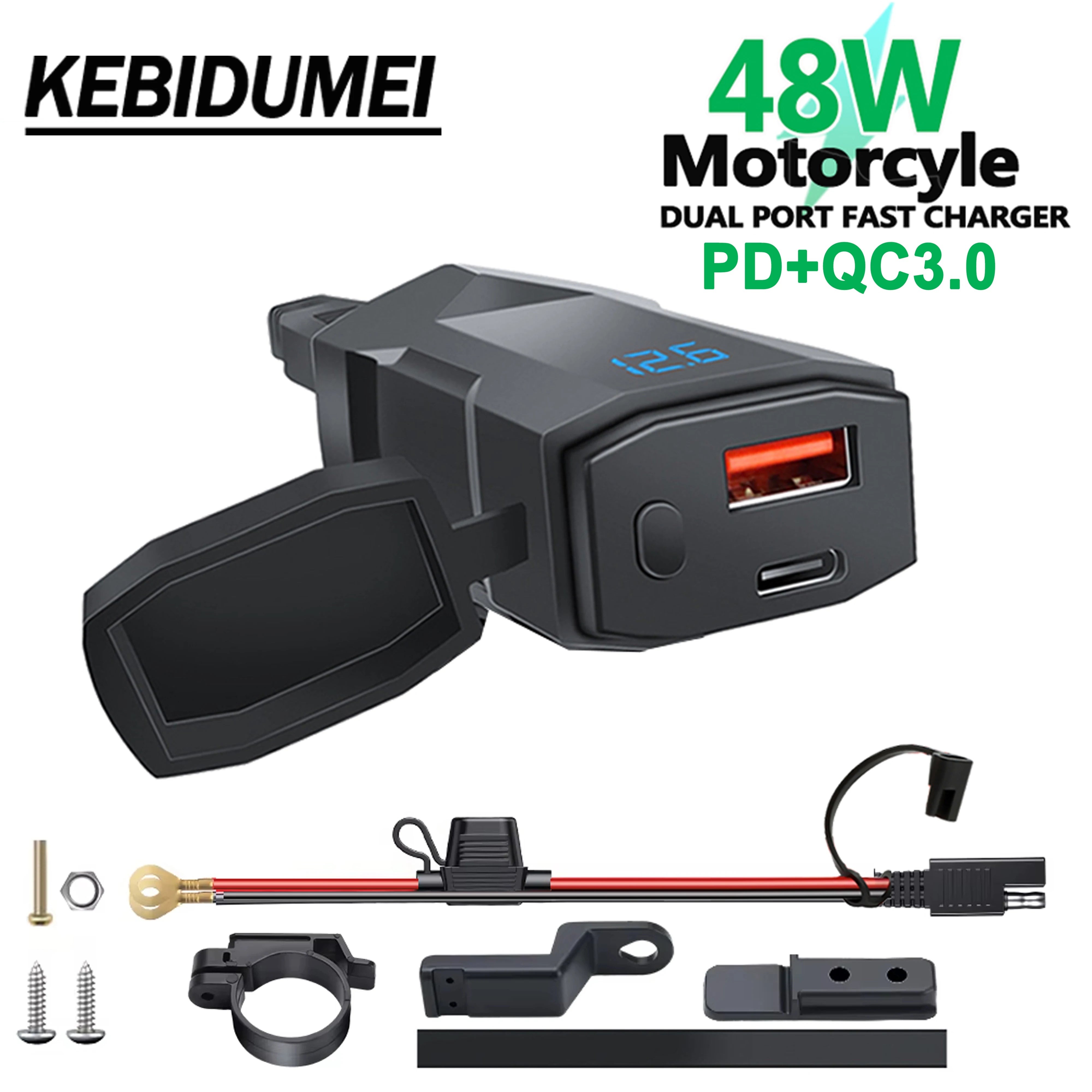 48W Dual USB-C & USB-A Motorcycle Phone Charger with Voltmeter - 18