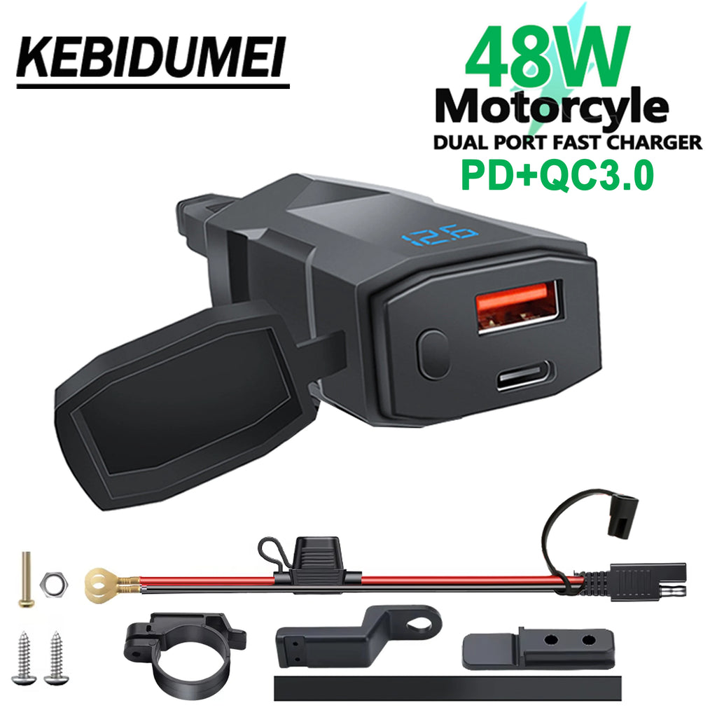 48W Dual USB-C & USB-A Motorcycle Phone Charger with Voltmeter