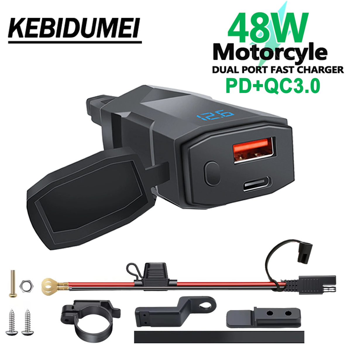 48W Dual USB-C & USB-A Motorcycle Phone Charger with Voltmeter