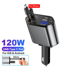120W 4-in-1 Retractable Fast Car Charger with Voltage Display