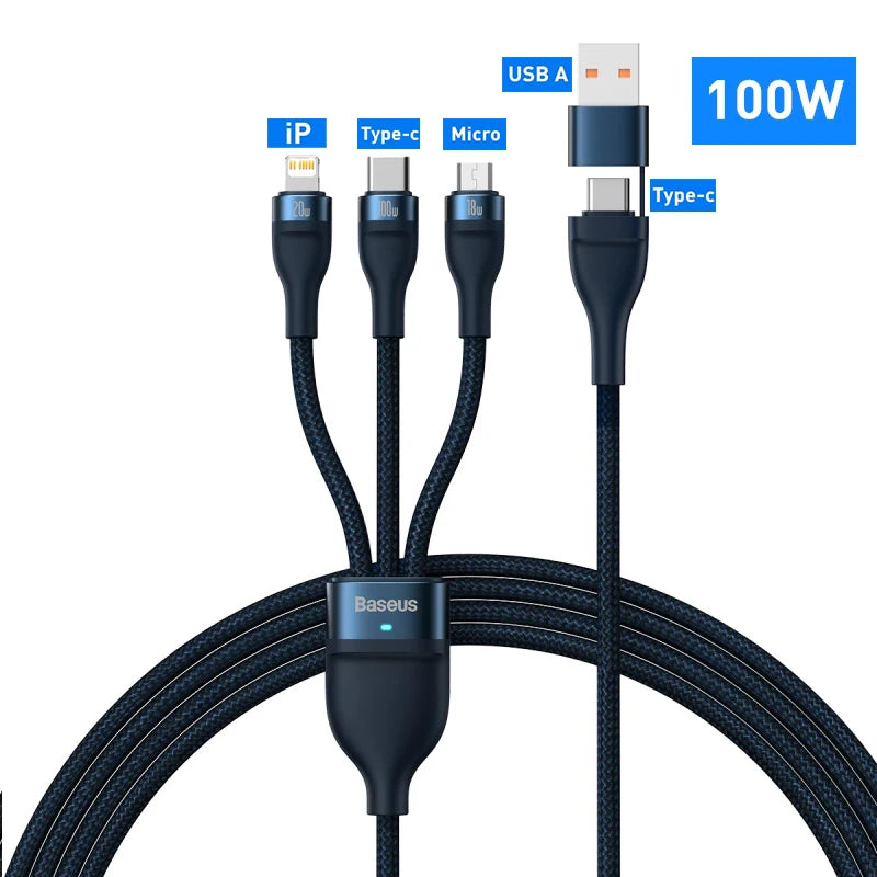 3-in-1 Fast Charging USB Cable with 100W PD Power Delivery - 25