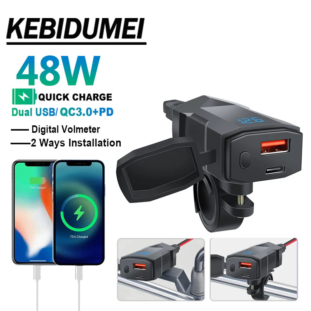 48W Dual USB-C & USB-A Motorcycle Phone Charger with Voltmeter - 1